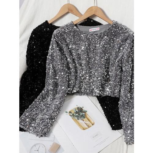 Women Autumn T Shirts Sequins O-Neck Long-sleeved Tee Temperament Young Lady Sweet Short Crop Top Female GX1165