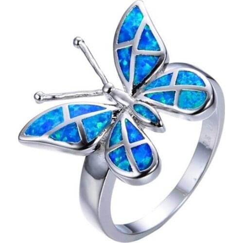 FYJS Unique Female Gift Silver Plated Butterfly Blue Opalite Opal Finger Ring Temperament Jewelry