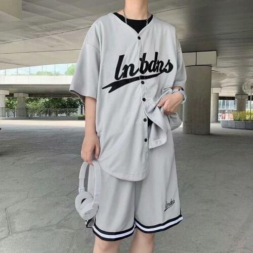 Mens Suit Casual All-match Sports Short Sleeve Shirt Shorts Printed Baseball Uniform Suit Tops Pants Loose Thin Tracksuit Men