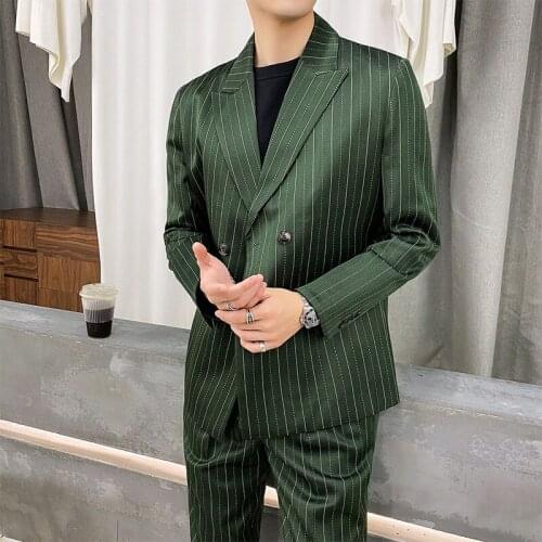 Korean Style Navy Green Striped Suit Two-piece Business Dress Suit Mens British Style Men Bridegroom Wedding Suits Tuxedo