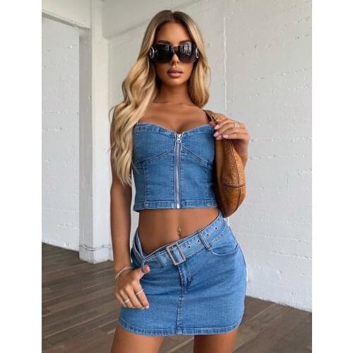 Vintage Denim Sexy Skirt Womens Suit Summer Zipped Tops Sleeveless And Mini Skirts High-waisted Skirt with Belt 2 Pcs Set 2021