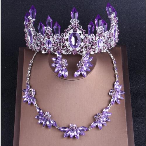 Crystal Purple Accessories Bridal Jewelry Sets Necklaces Earrings big Crown Tiaras Set African Beads Jewelry Set Wedding Dress
