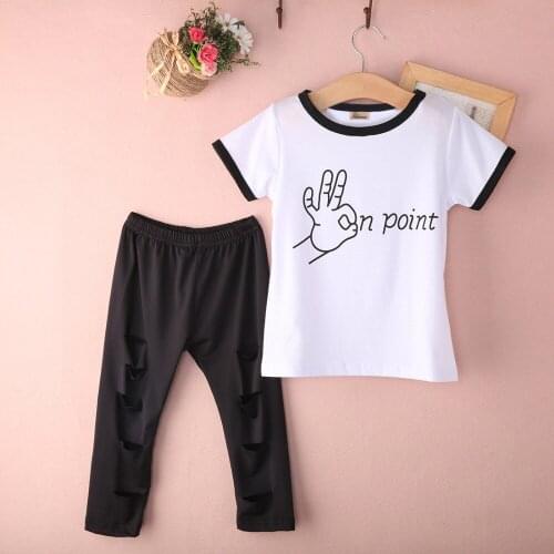 Summer Fashion Toddler Kids Girl Tops T-shirt Long Ripped Pants Leggings Outfits Set Clothes