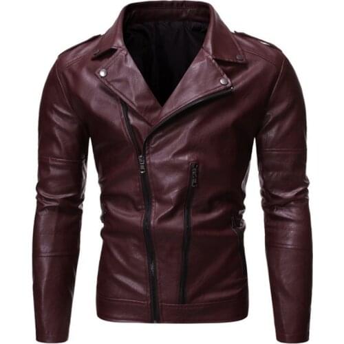 Men Vintage Punk Jacket Oblique Zipper Design Motorcycle Biker Leather Jacket Men Fashion Brand PU Leather Coat Men