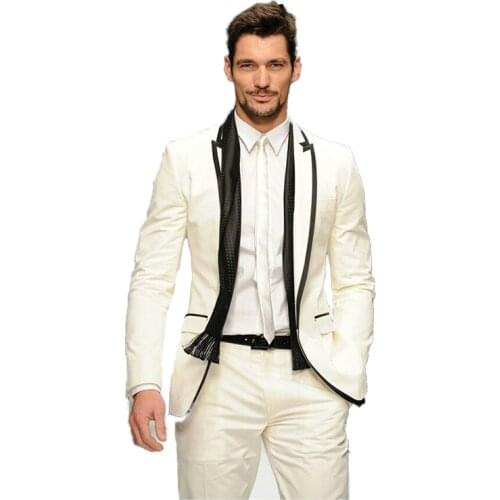 Latest Coat Pant Designs,Custom Made to Measure Men Suit,BESPOKE Ivory White Groom Tuxedo Jacket with black edge,Tailored tuxedo