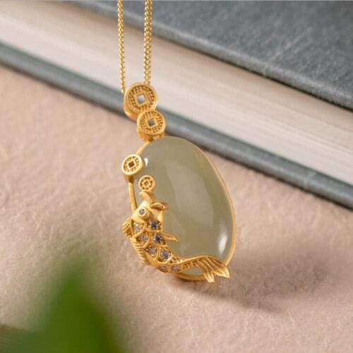 Natural Hotan green chalcedony Koi Pendant Necklace Chinese style retro unique craft gold womens Christmas festival gift
