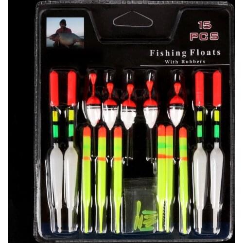 15pcs Vertical Buoy Boat Sea Fishing Floats Assorted Size for Most Type of Angling with Attachment Rubbers Fishing Lures