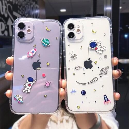 Funny Cartoon Animal Space Phone Case For iPhone 11 12 Pro Max X XR Xs Max Shockproof Bumper Clear Cover For iPhone 7 8 Plus