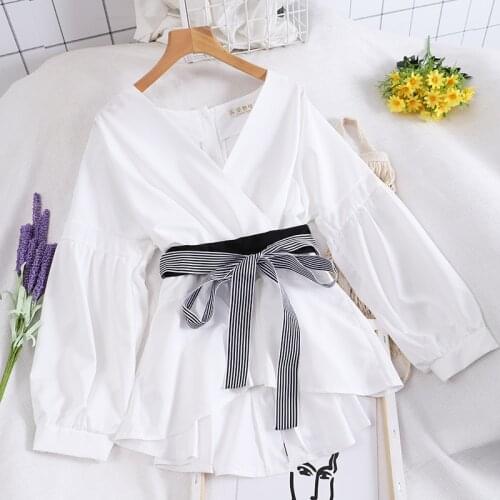 Japanese Women Lantern Sleeve Deep V-Neck Irregular Shirt Lady Bandage Strap Bow Striped Cardigan Button Sashes Belt Blouse Tops