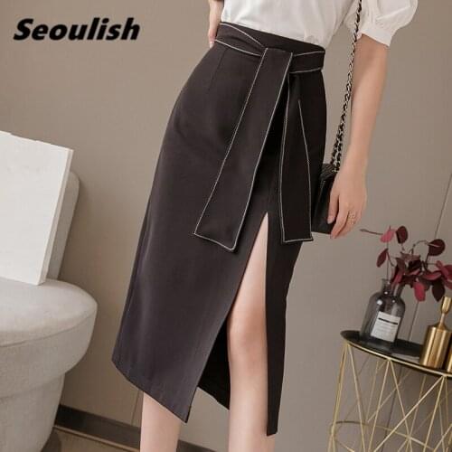 Seoulish Spring Summer New 2021 Korean OL Elegant Pencil Midi Skirt Sashes Chic High Waist Front Split Sheath Wrap Skirts Female
