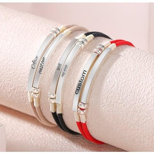 925 Sterling Silver Handmade Pink Red Black Rope Custom Name Bracelet Engraved Date Letter Two Layers Personalized Woman Jewelry
