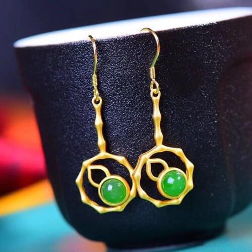 Ancient Style Silver Inlay Hetian Jade Green Jade round Egg Surface Eardrops Womens Warm Rough Stone Simple Temperament Couple