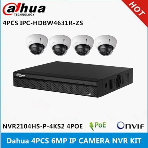 Dahua 4 pcs IPC-HDBW4631R-ZS 6MP 2.7mm ~13.5mm varifocal motorized lens IP Camera & NVR2104HS-P-4KS2 4ch with 4poe ports 4K NVR