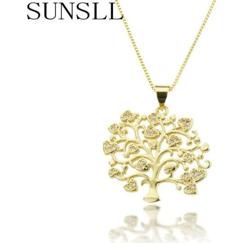 SUNSLL New Gold Copper Necklace White Cubic Zirconia Life Tree Pendant Necklace for Women Fashion Party Jewelry Necklace GiftS