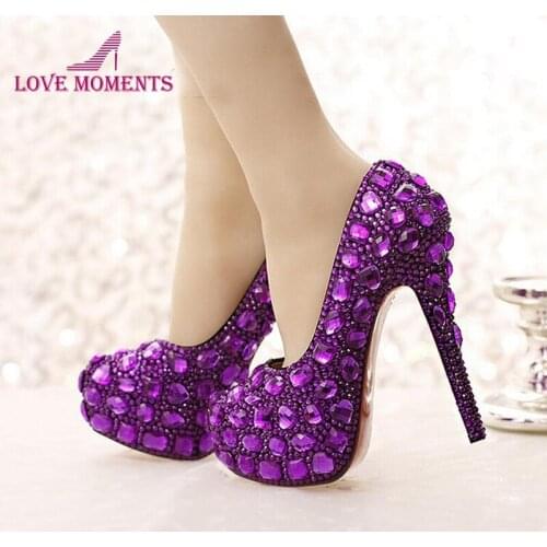 Purple Crystal Bridal Shoes High Heel Platforms Handmade Beautiful Rhinestone Wedding Party Shoes Luxury Graudation Prom Pumps