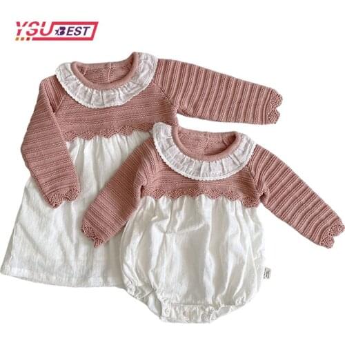 Sweaters Sisters Clothes 2021 Pastoral Syle Kids Mathcing Knitted Clothes Knit Flowers Dress Baby Girls Knitted Rompers Party