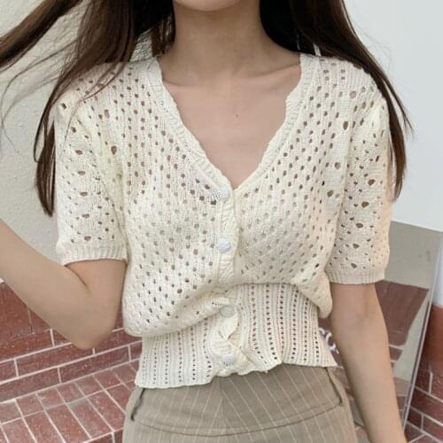 Hook flower knitting V-neck single-breasted waist short sleeve Hollow Short Sleeve Sweater top Female White Black Cardigan 027J