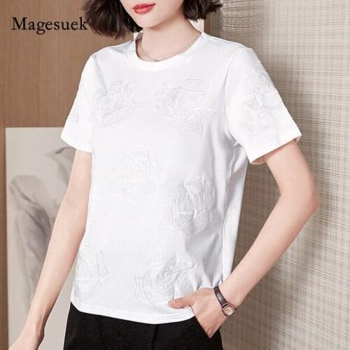 Rose Embroidery Casual T-shirt Plus Size Summer Shirt Short Sleeve Basic Blouse Tee Vintage Black Tshirt Women Cotton Tops 13553