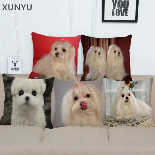 XUNYU 45x45cm Cute Maltese Dog Pattern Linen Pillow Case Cushion Cover Home Sofa Square Pillow Cover BZ172