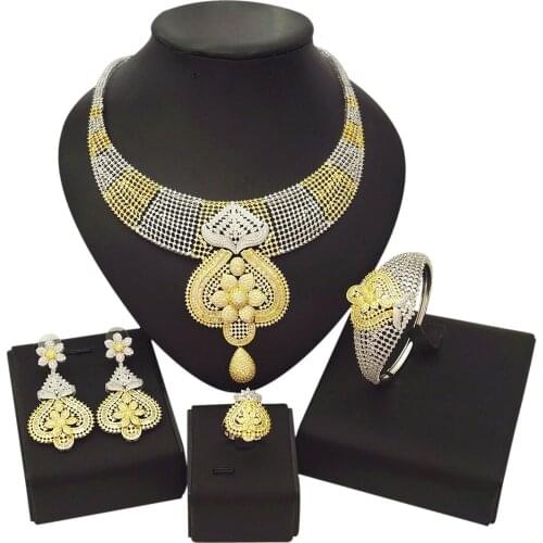 Yulaili Luxury Retro Wedding Bride Jewelry Sets Cubic Zirconia Necklace Earrings Bangle Ring Party Engagement Jewelery Set