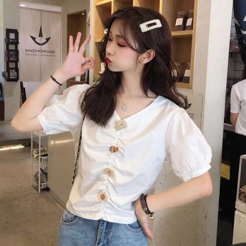 Women Blouse Summer V-neck Buttons Puff Sleeve Women Blusas Mujer De Moda