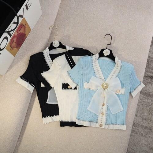 High Quality Women Fashion Summer Elegant Sweet Cute Bowknot Diamond V-Neck Copper Button Knit Cardigan T-Shirt Top