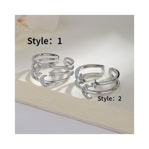 New Silver Plated Star Moon Double-layer Ring Sweet Girl Design Opening Shining Crystal Ring Charm Lady Wedding Party Jewelry