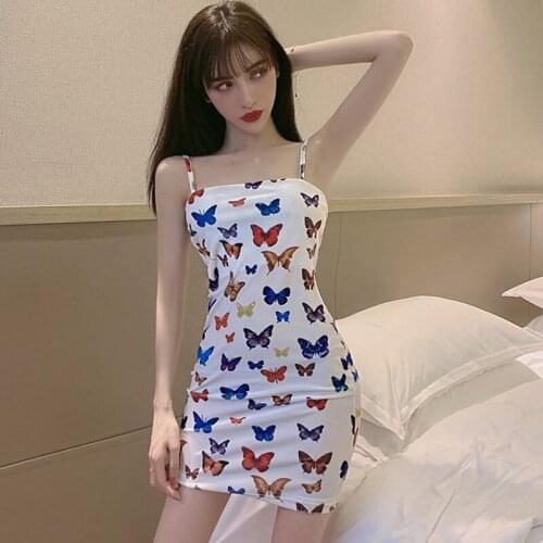 Women Butterfly Print Mini Dress Sleeveless Slim Bodycon Dress Sling Summer Dress Vestidos