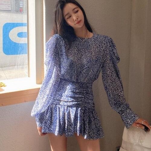 Retro Boho Fashion Flower Print Women Casual O-Neck Puff Long Sleeve Chiffon Dress 2021 Summer Ruffles Beach Short Dress