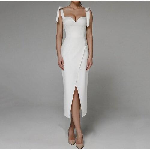Fashion White Black Sheath Front Slit Wedding Party Dress Simple Spaghetti Straps Mid Calf Sleeveless Bridal Gowns