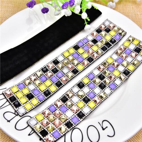 1pcs sew on mix color square rhinestone trim crystal sheet beaded applique iron on strass mesh ribbon banding for diy decoration