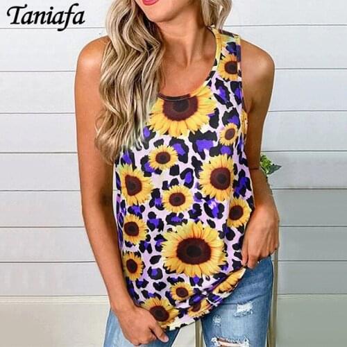 2021 Womens Loose Casual Tank Tops Fashion Sunflower Print Vest Round Neck Sleeveless Vest Leopard Print Blouse Tops