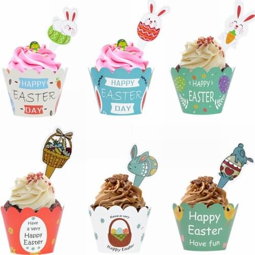 24pcs/set Easter Cupcake Wrapper Cartoon Bunny Rabbit Cake Topper Happy Easter Spring Party Kids Favor Baking Dessert Decoration