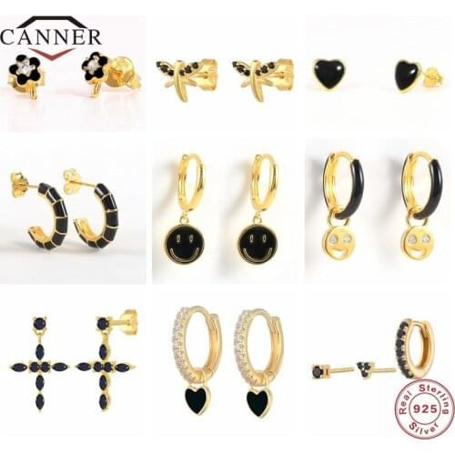 CANNER 925 Sterling Silver Pendients Black Zircon Irregular Stud Earrings for Women Smiley Cross Love Piercing Earring Jewelry