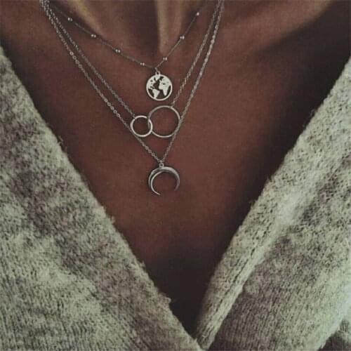 Free Shipping Horns Circle Pendant Choker Necklaces For Women World Map Metal Beads Chain Necklace Kolye