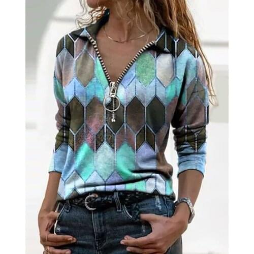 2020 Women Casual Autumn Turn-down Collar Zipper Design Abstract Print Blouse Long Sleeve Casual V Neck XXXL Plus Size