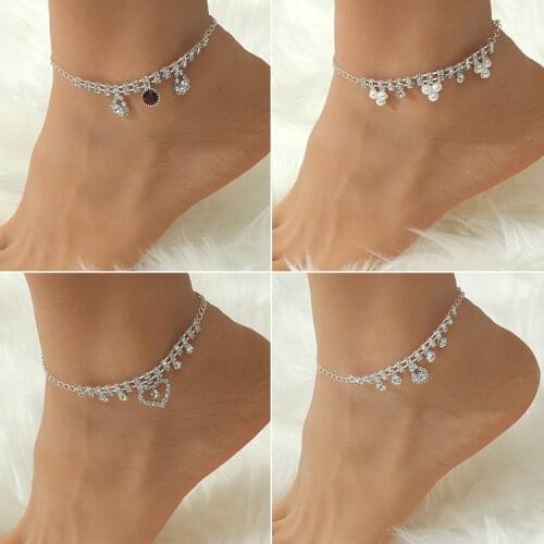 QiLuxy Multi Layer Zircon Pearl Heart Charm Anklets for Women Fashion Sun Beach Chain Foot Anklet Party Jewelry