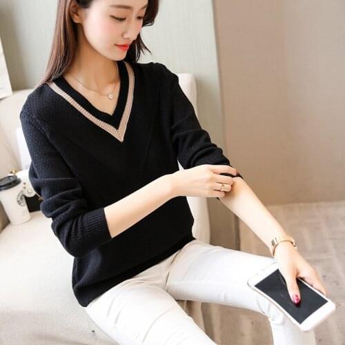Ymwmhu Black V-neck Sweater for Women Fashion Elegant Autumn Casual Knitwear Cotton Long Sleeve All Match Korean Style Sweaters