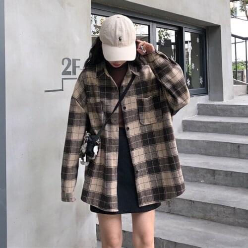 Elegant Shirt Coffee grid Long-sleeved Shirt The Wild Loose Mid-length Professional Wear Womens Shirt Color Matching