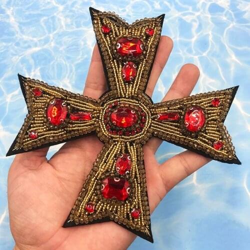 Hot New DIY Craft Beaded Crystal Rhinestones Cross Design Patches Applique Sew on Clothes Bags Decorated