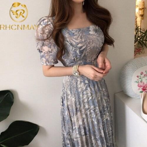 Korean Summer Dress 2021 New Fashion Dress Elegant Square Collar Floral Chiffon Dress WomenS Dress Pleated Long Dress