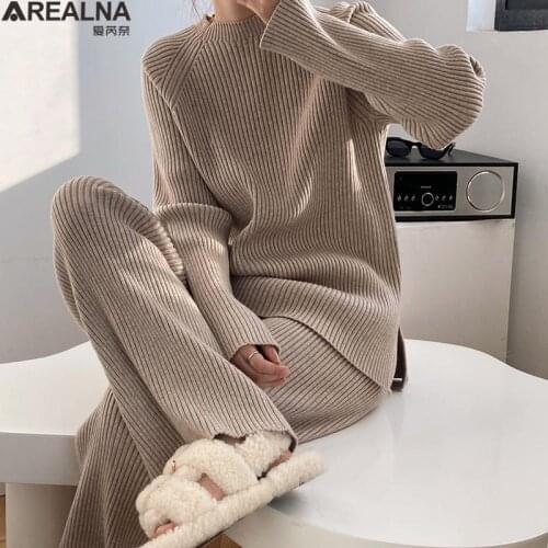 Autumn Winter 2 Pieces Women Sets Knitted Tracksuit Half Turtleneck Sweater+Wide Leg Pants Pullover Suits two piece set women