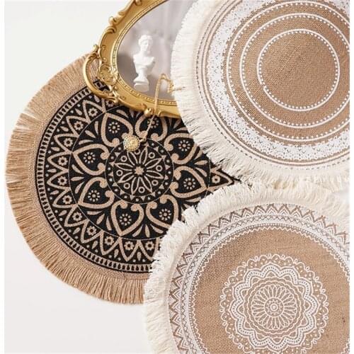 Round Tasseled Linen Mats, Hot Pads Heat Resistant Multifuntion Kitchen Tool for Bowl Mats, Dish Mats Placemats Drink Coasters