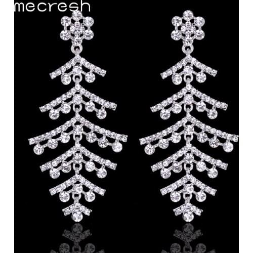 Mecresh Women Wedding Earring Bridal Long Drop Earrings Silver Color Gorgeous Crystal Tree Shape Long Earrings Dangle MEH755