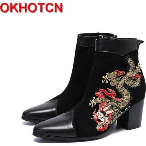 High Heels Men Boots 8cm Embroider Dragon Pointed Toe Leather Boots Men Fashion Patchwork Ankle Boots Cow Suede Big Size 38-47