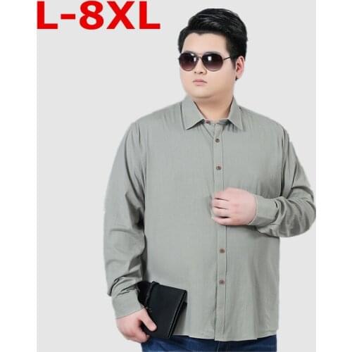 Plus size 8XL 7XL 6XL Spring Mens Casual Shirts Cotton Linen Gray Color Brand Clothing Mans Long Sleeve Loose Clothes Male Tops
