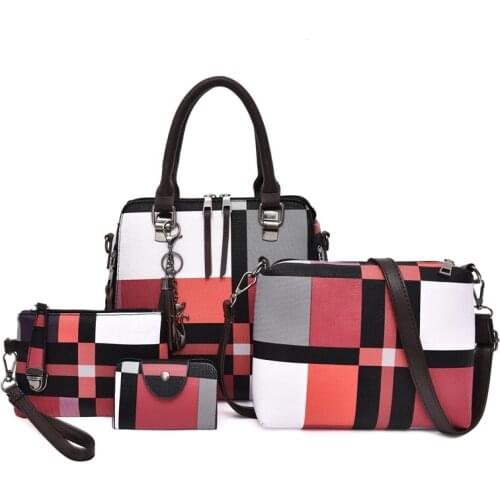 4PCS Womens Bag Set Fashion PU Leather Ladies Handbag Grid Print Messenger Shoulder Bag Wallet Bags Famous brand 2020