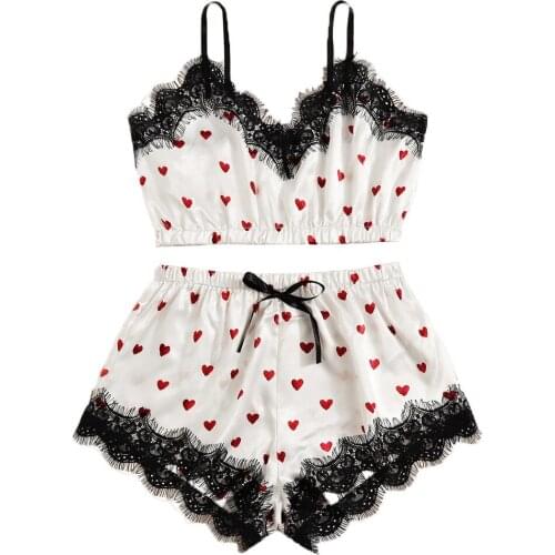 Pyjamas Women Sleep Wear Pijama Women V-Neck Dot Print Lace Satin Camisole Pajamas Bowknot Shorts Lingerie Set пижама женская