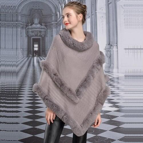 Fashion Double Layer V Fur Pullover Poncho Cape Women Fall Winter Knit Cashmere Shawl Soft Faux Rex Rabbit Fur Sweater Cloak