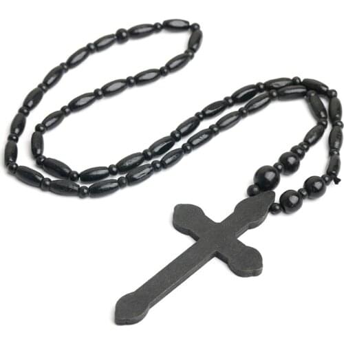 Q9QF Natural Wooden Bead Jesus Cross Rosary Necklace Carved Rosary Pendant Christian Jewelry Necklace Harajuku Style Punk Wooden